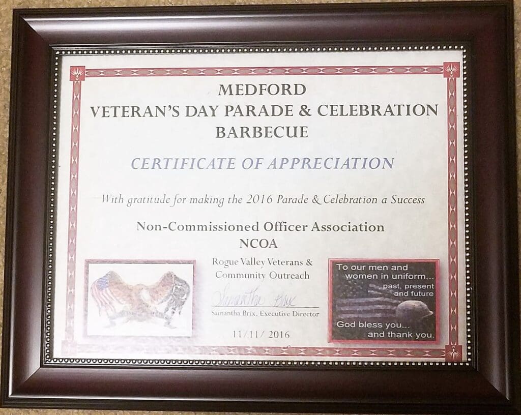 2016 Medford  Veterans Day Parade, Certificate of Appreciation from RVVCO